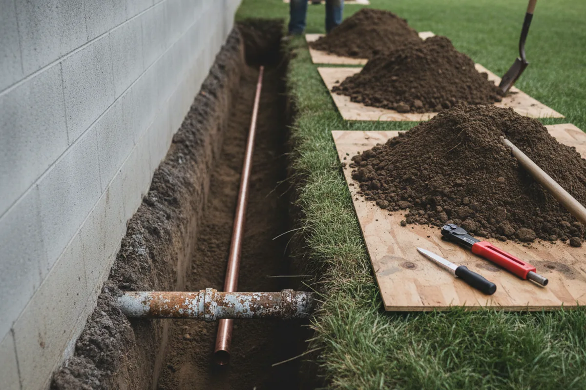 Excavated water line trench during Water Softener Installation in Darien